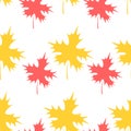 Maple leaf. Repeating pattern. Flat style. Continuous ornament of yellow and red leaves