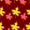 Maple leaf. Repeating pattern. Red background. Continuous ornament of yellow and red leaves