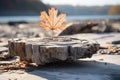 a maple leaf sits on top of a tree stump