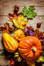 Maple leaves and chestnuts on a wooden background. Frame. Congratulation Royalty Free Stock Photo