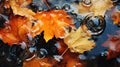 Maple leaves and crystal-clear droplets create a serene water mosaic. AI generation