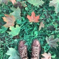 Maple leaves fallen in autumn and female legs in boots, top view