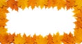 Maple leaves in vibrant orange and yellow shades frame the image, creating a