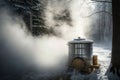 maple sap evaporator, with steam rising, and the sweet smell of maple syrup in the air