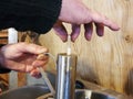 Maple syrup brix level tester measuring tool in maplehouse. Maple farming. Tools and equipment. Royalty Free Stock Photo