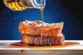 maple syrup drizzling onto a slice of french toast