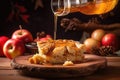 maple syrup pouring onto a slice of warm apple pie Royalty Free Stock Photo