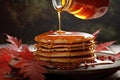 maple syrup pouring onto a stack of pancakes Royalty Free Stock Photo