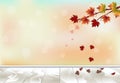 Maple tree and leaves floating wooden texture background, autumn