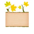 Maple wooden log signboard with yellow autumn leaves