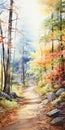 Maplewood Path: A Serene Watercolor Painting Of Autumn Trees