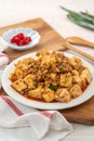 Mapo tofu, stir-fried tofu with hot spicy sauce in white plate Royalty Free Stock Photo