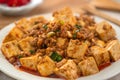 Mapo tofu. Stir-fried tofu with hot spicy sauce in white plate Royalty Free Stock Photo