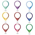 Mapping pins icon web buttons. Colored satined round shapes with shadow on white Royalty Free Stock Photo