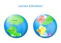 Maps Laurasia and Gondwana, continental borders, and ocean Tethys