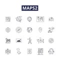 Maps2 line vector icons and signs. Navigation, Location, Tracking, Map, Geo, Geospatial, Locality, Cartography outline Royalty Free Stock Photo