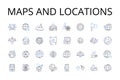 Maps and locations line icons collection. Cartography, Geolocation, Topography, Atlas, Navigation, Terrain, Geocaching