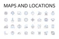 Maps and locations line icons collection. Cartography, Geolocation, Topography, Atlas, Navigation, Terrain, Geocaching