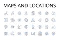 Maps and locations line icons collection. Cartography, Geolocation, Topography, Atlas, Navigation, Terrain, Geocaching