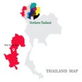 Maps of Northern Thailand with 9 Province in different colors, Chiang mai, Chiang rai, Phrae, Phayao, Lampang, Lamphun, Uttaradit