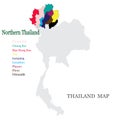 Maps of Northern Thailand with 9 Province in different colors, Chiang mai, Chiang rai, Phrae, Phayao, Lampang, Lamphun,