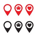 Maps pin. Location map icon. House and heart location. Red and black icons. Royalty Free Stock Photo