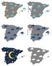 Maps of Spain with various weather symbols