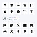 20 Maps & Travel Solid Glyph icon Pack. like hospital. luggage. labyrinth. bag. suitcase