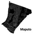 Maputo city map, capital of Mozambique. Municipal administrative borders, black and white area map with rivers and roads, parks