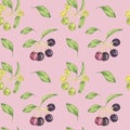 Maqui berry, purple pink fruit seamless pattern. Aristotelia chilensis textile watercolor ornament clipart. Print for