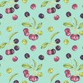 Maqui berry, purple pink fruit seamless pattern. Aristotelia chilensis textile watercolor ornament clipart. Print for