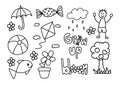 Hand drawn cute outlines of umbrella, candy, kite, boy, fish, flower, apple tree, ball, fish for good old days Royalty Free Stock Photo