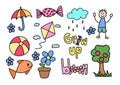 Hand drawn cute elements of umbrella, candy, kite, boy, fish, flower, apple tree, ball, fish for good old days Royalty Free Stock Photo
