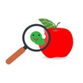 Magnifying glass on an apple showing a cute green worm Royalty Free Stock Photo