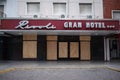 Boarded up hotel entrance during quarantine. Closed three-star hotel during coronavirus pandemic