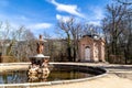 Mar 2019 - La Granja de San Ildefonso, Segovia, Spain - Fuente de Las Tres Gracias in the gardens of la Granja in Winter. Royalty Free Stock Photo