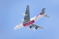 Mar 19, 2020 Palo Alto / CA / USA - Emirates Airbus A380 aircraft starting the descent for landing at San Francisco International