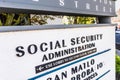 Mar 16, 2020 Redwood City / CA / USA - Social Security Administration sign posted in front of the San Mateo County branch building