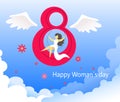 Card for 8 March womens day. A unique and festive background with a winged figure eight and a girl in a white dress on a swing amo Royalty Free Stock Photo