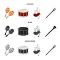 Maracas, drum, Scottish bagpipes, clarinet. Musical instruments set collection icons in cartoon,black,monochrome style