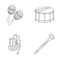 Maracas, drum, Scottish bagpipes, clarinet. Musical instruments set collection icons in outline style vector symbol