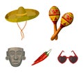 Maracas national musical instrument, sambrero traditional Mexican headdress, red pepper, bitter, idol-deity.Mexico
