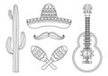 Maracas and Sombrero hat with guitar and cactus on white background. Set line illustrations mexican music elements