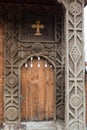 Maramures, Romania-June 14 2018 : Traditional carved ancient wooden gate.