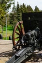 Marasesti, Romania, May 02, 2021: Old war cannon, exhibited in the courtyard of the Mausoleum of the heroes from Marasesti