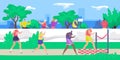 Marathon, jogging runners at finish line, sport running group concept flat vector illustration. People athletes run at