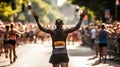 Marathon runner crossing the finish line. Generative AI