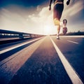 Marathon runner feet running on the highway.