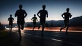 Marathon runner running on city road at sunset. Group of people running on road at night.