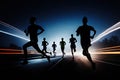 Marathon runner running on city road at sunset. Group of people running on road at night.